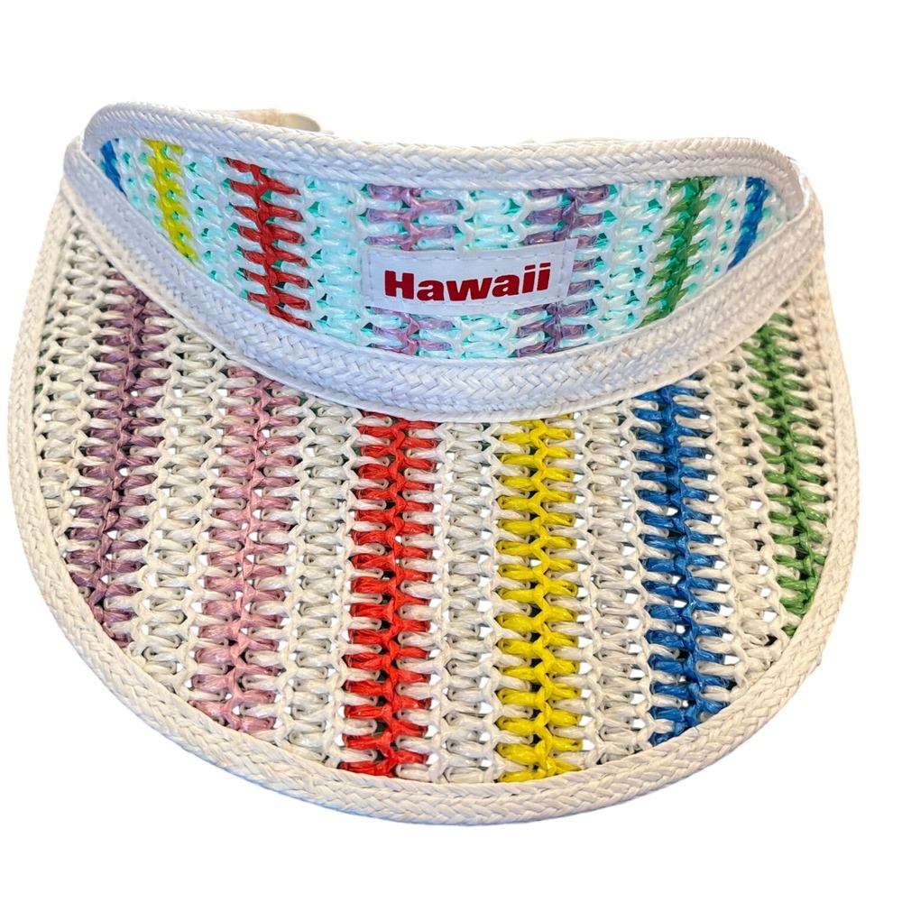 Vintage Hawaii Rainbow Woven Sun Visor Translucent Green Brim Beach Hat